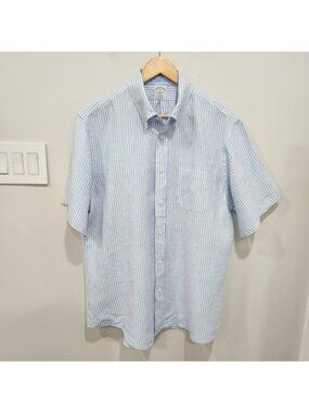Vintage Brooks Brothers Linen Shirt Mens XL Blue Stripe Short Sleeve Button Down